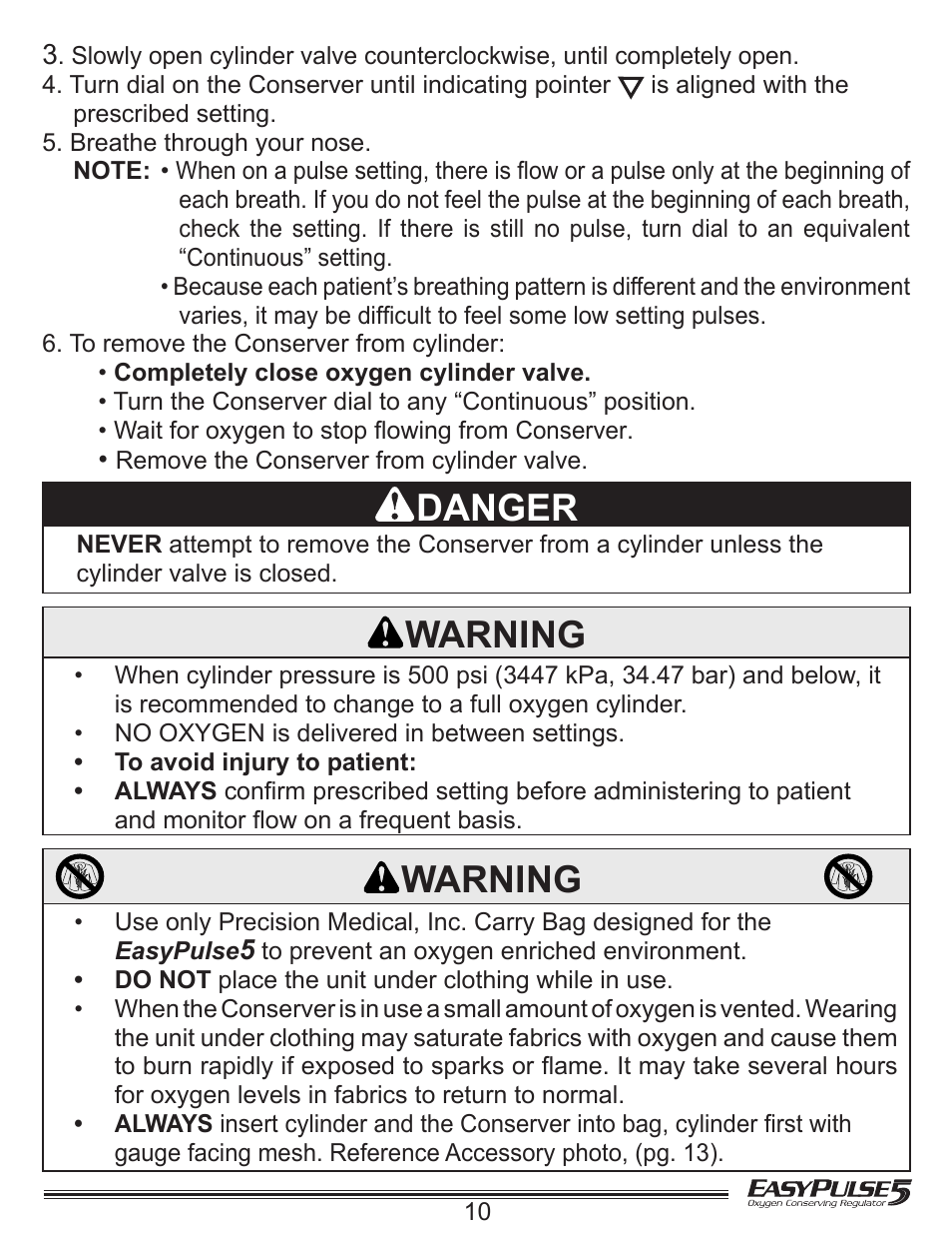 Danger, Warning | Precision Medical EasyPulse5 Oxygen Conserving Regulator User Manual | Page 11 / 16