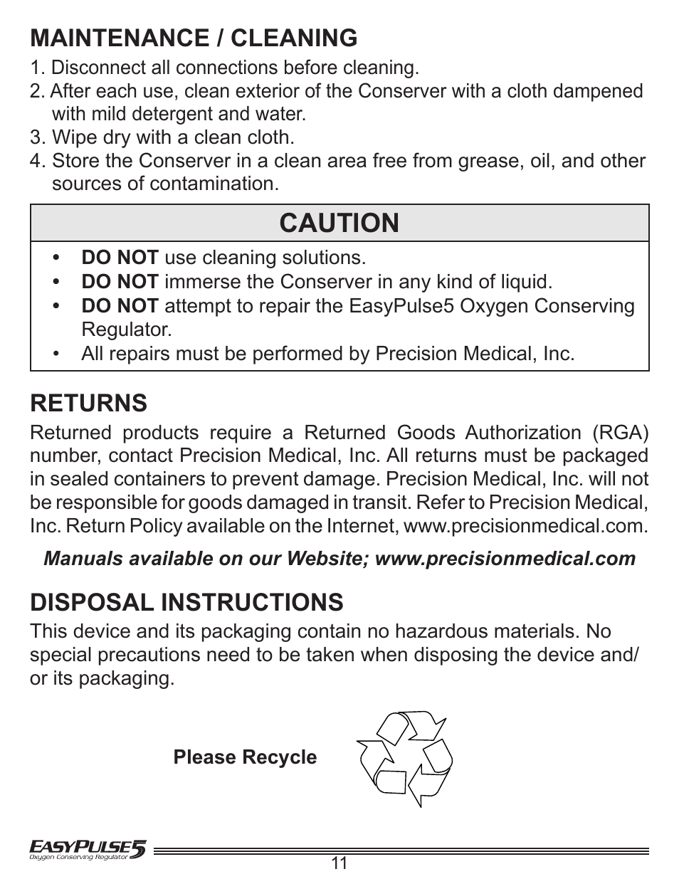 Caution, Maintenance / cleaning, Returns | Disposal instructions | Precision Medical EasyPulse5 Oxygen Conserving Regulator User Manual | Page 12 / 16