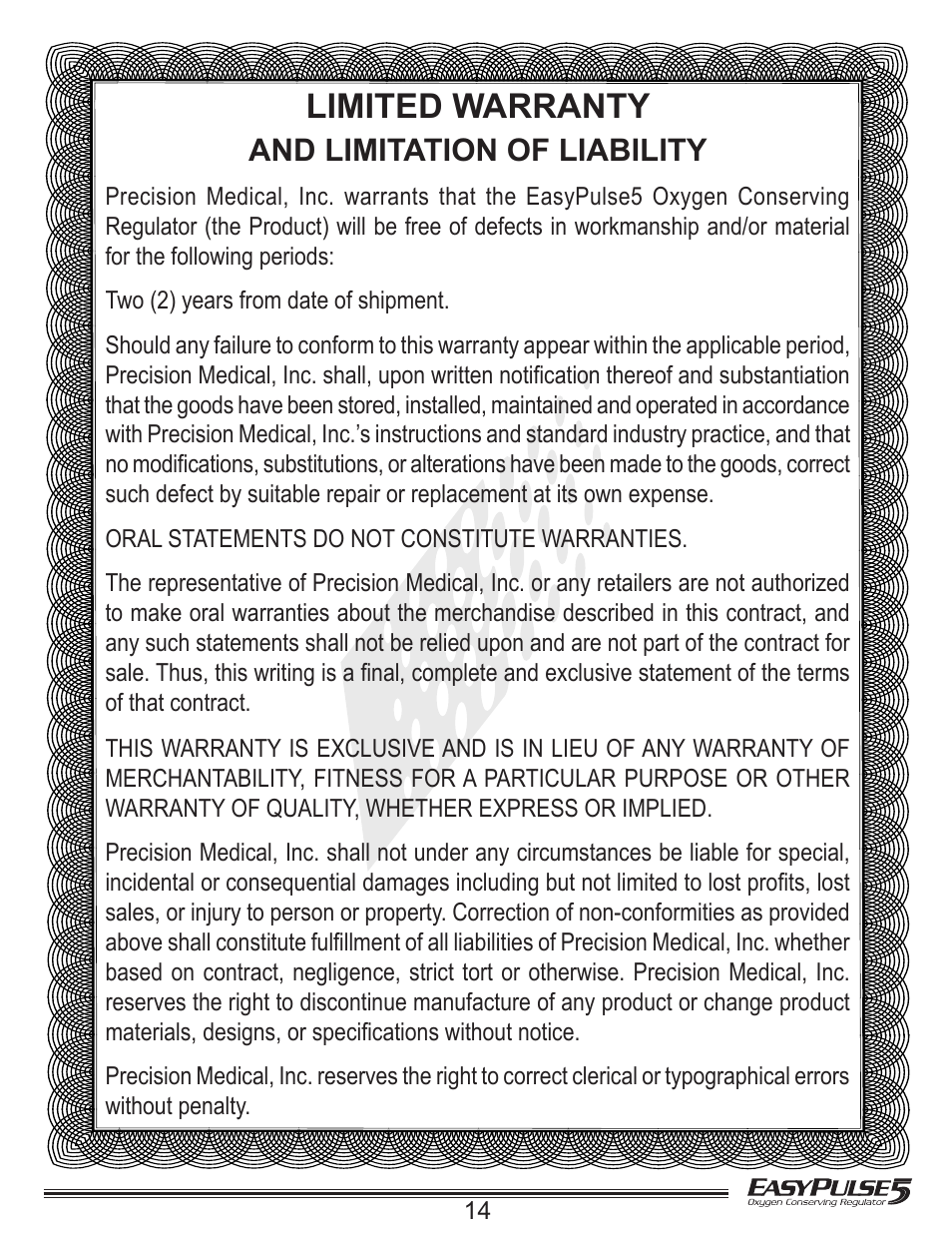 Limited warranty, And limitation of liability | Precision Medical EasyPulse5 Oxygen Conserving Regulator User Manual | Page 15 / 16
