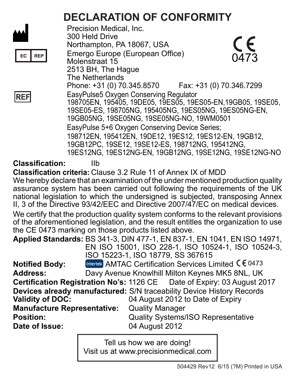 Declaration of conformity | Precision Medical EasyPulse5 Oxygen Conserving Regulator User Manual | Page 16 / 16