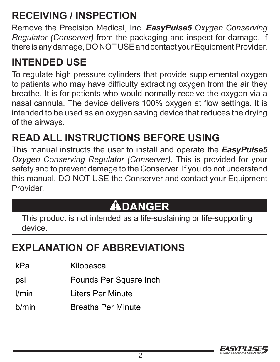 Danger, Receiving / inspection, Intended use | Read all instructions before using, Explanation of abbreviations | Precision Medical EasyPulse5 Oxygen Conserving Regulator User Manual | Page 3 / 16