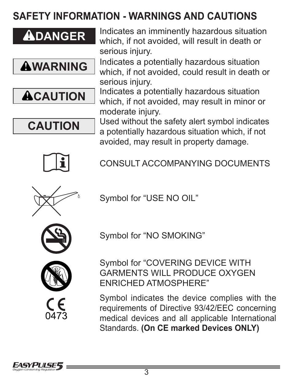 Danger, Warning, Caution | Safety information - warnings and cautions | Precision Medical EasyPulse5 Oxygen Conserving Regulator User Manual | Page 4 / 16