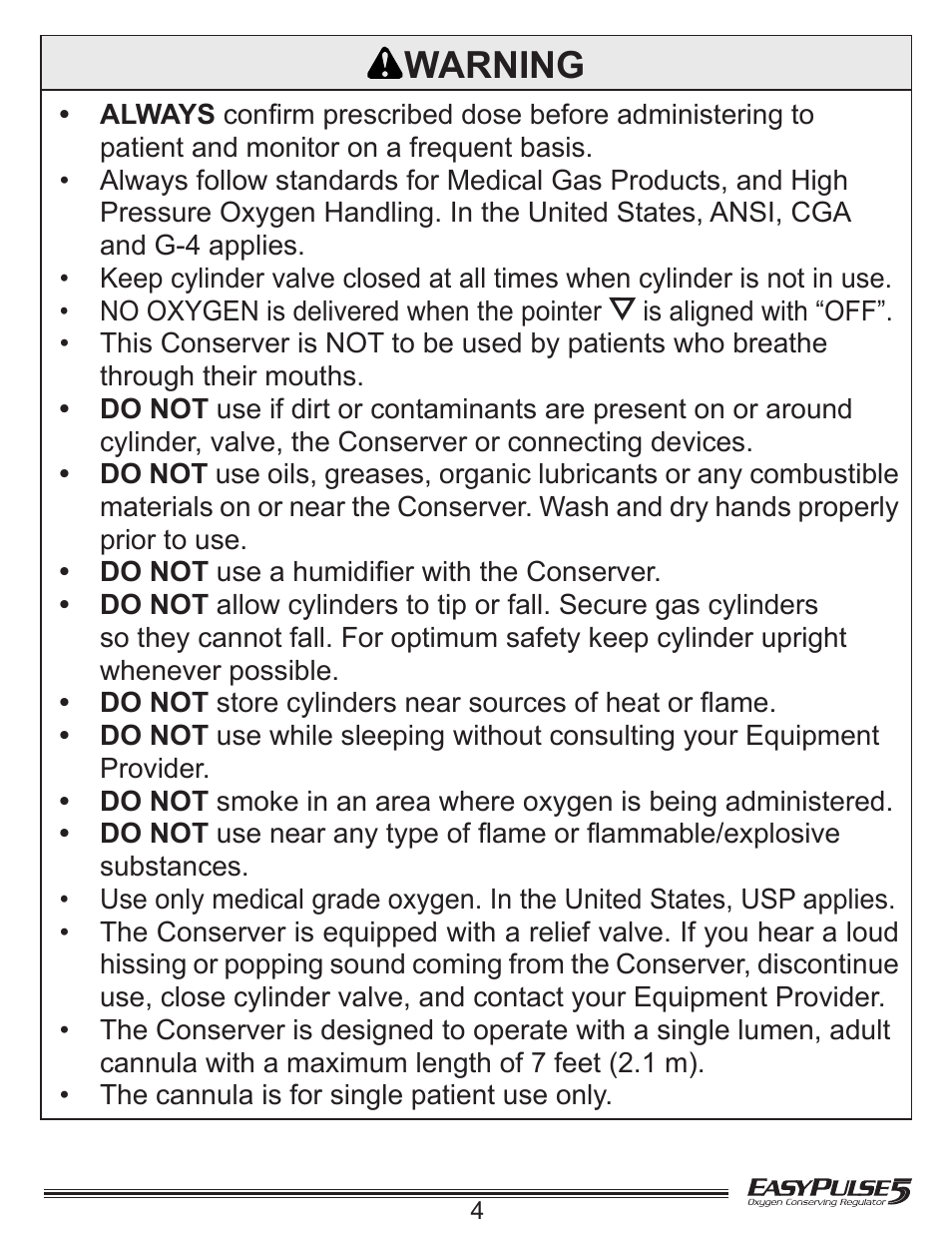 Warning | Precision Medical EasyPulse5 Oxygen Conserving Regulator User Manual | Page 5 / 16