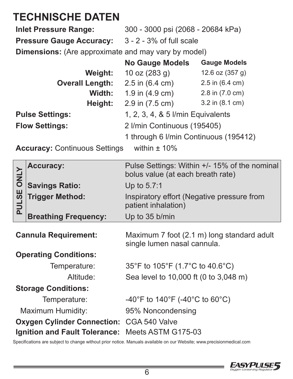 Technische daten | Precision Medical EasyPulse5 Oxygen Conserving Regulator User Manual | Page 7 / 16