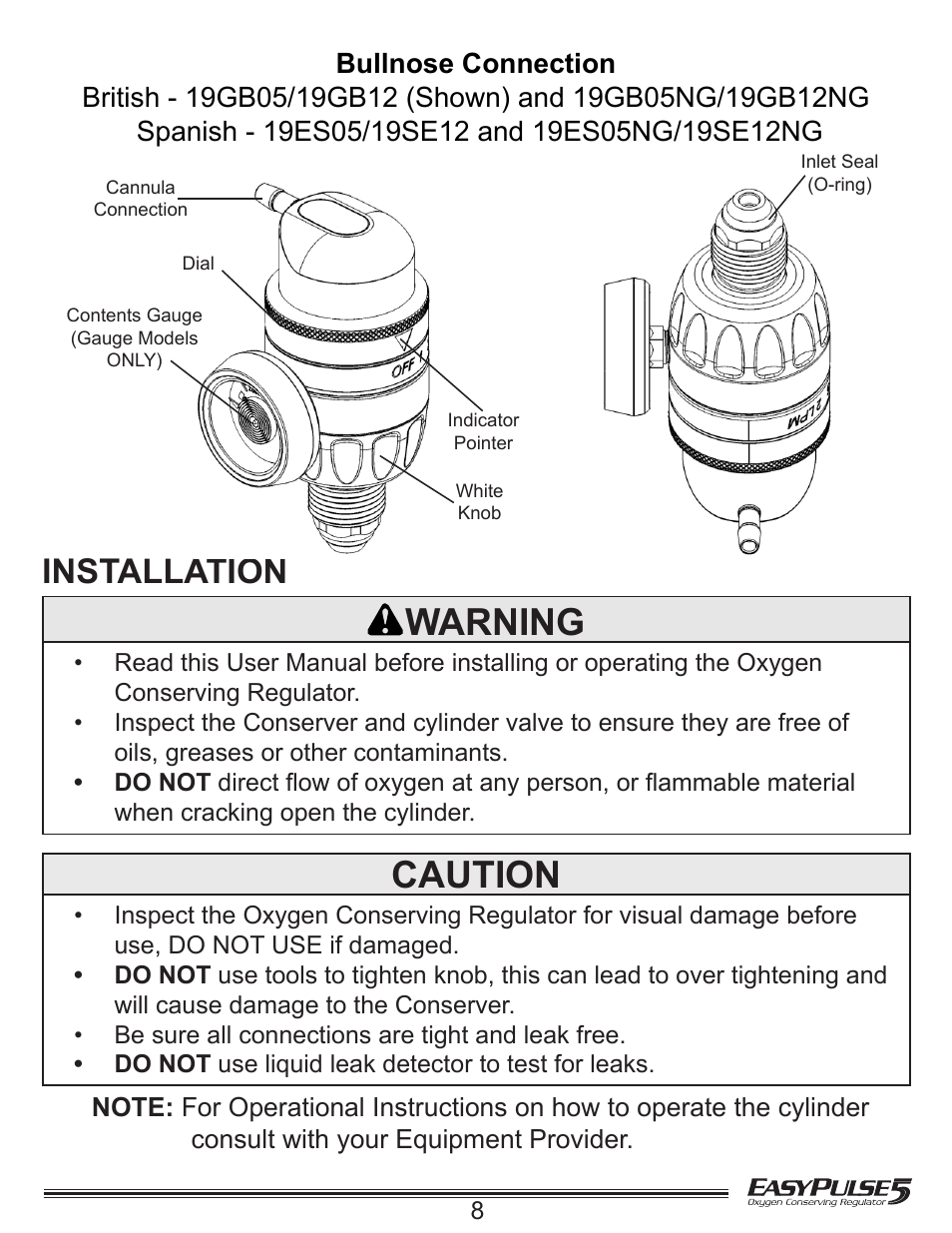 Warning, Caution, Installation | Precision Medical EasyPulse5 Oxygen Conserving Regulator User Manual | Page 9 / 16