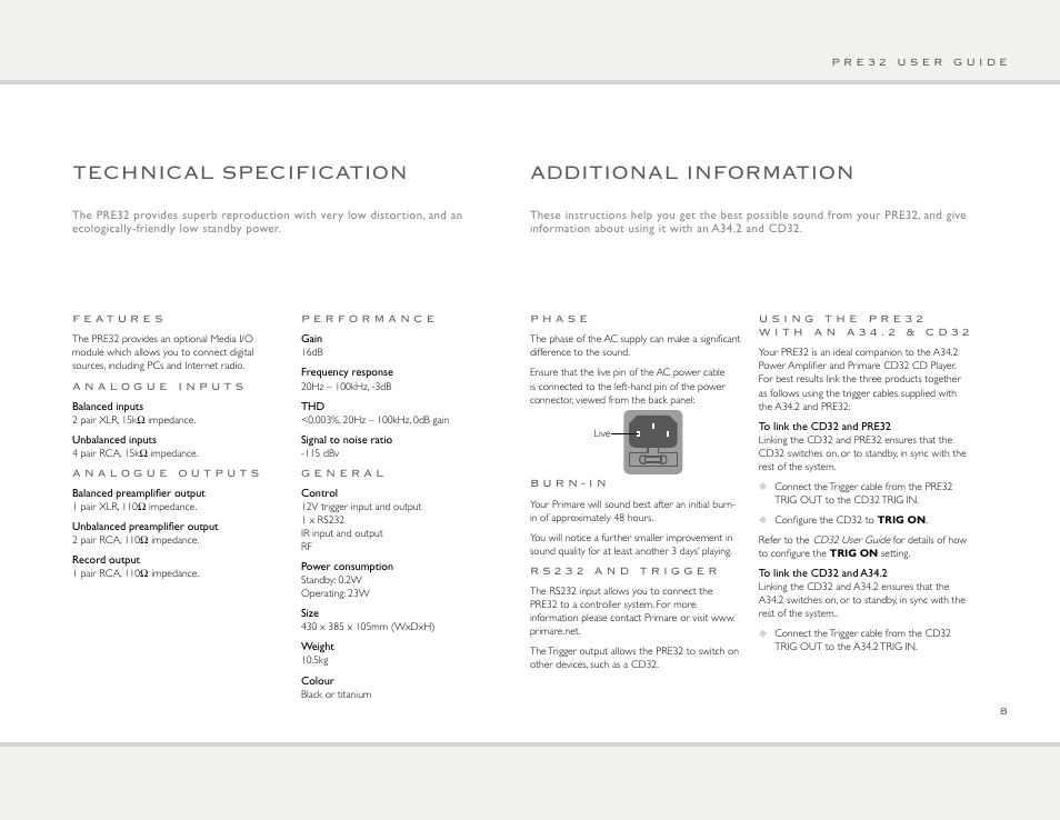 Technical specification, Additional information | Primare PRE32 preamplifier User Manual | Page 8 / 10