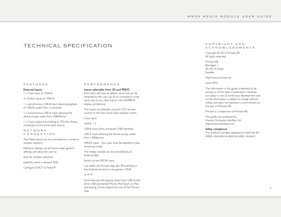 Technical specification | Primare PRE32 preamplifier User Manual | Page 7 / 8
