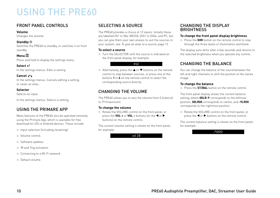 Using the pre60 | Primare PRE60 preamplifier User Manual | Page 10 / 20