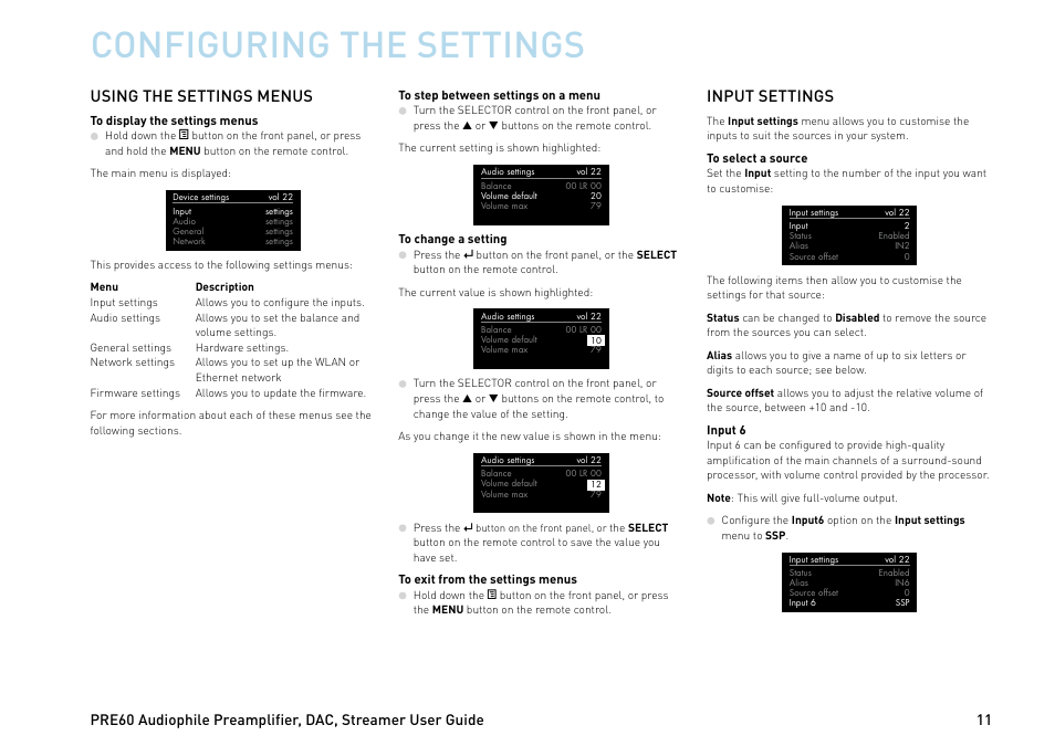 Configuring the settings, Using the settings menus, Input settings | Primare PRE60 preamplifier User Manual | Page 11 / 20