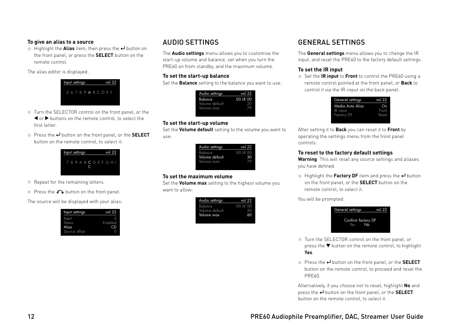 Audio settings, General settings | Primare PRE60 preamplifier User Manual | Page 12 / 20