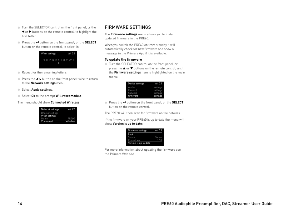 Firmware settings | Primare PRE60 preamplifier User Manual | Page 14 / 20