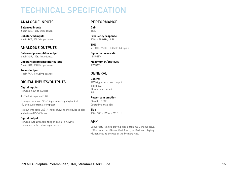 Technical specification | Primare PRE60 preamplifier User Manual | Page 15 / 20