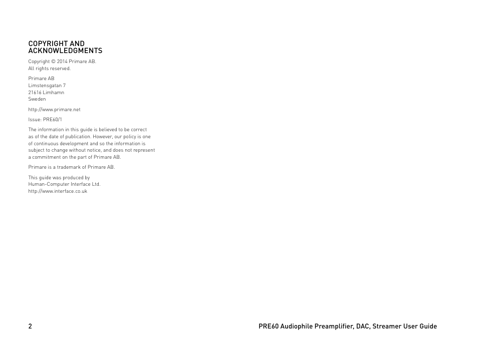 Primare PRE60 preamplifier User Manual | Page 2 / 20