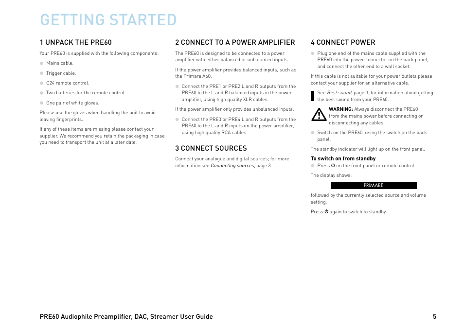 Getting started | Primare PRE60 preamplifier User Manual | Page 5 / 20