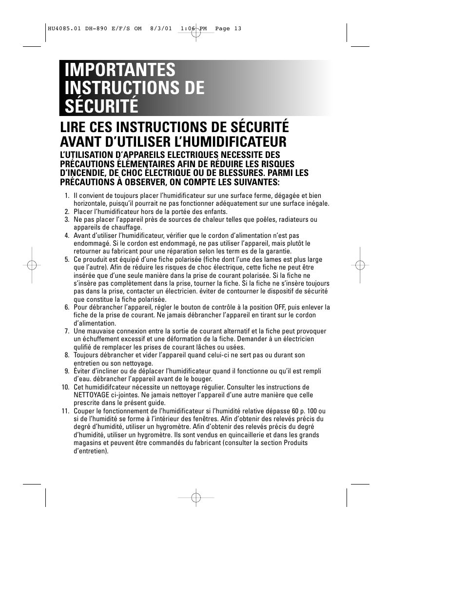 Importantes instructions de sécurité | Duracraft DH-890 User Manual | Page 15 / 36