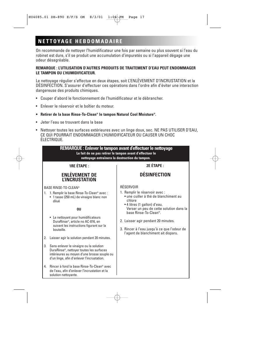 Enlèvement de l’incrustation, Désinfection | Duracraft DH-890 User Manual | Page 19 / 36