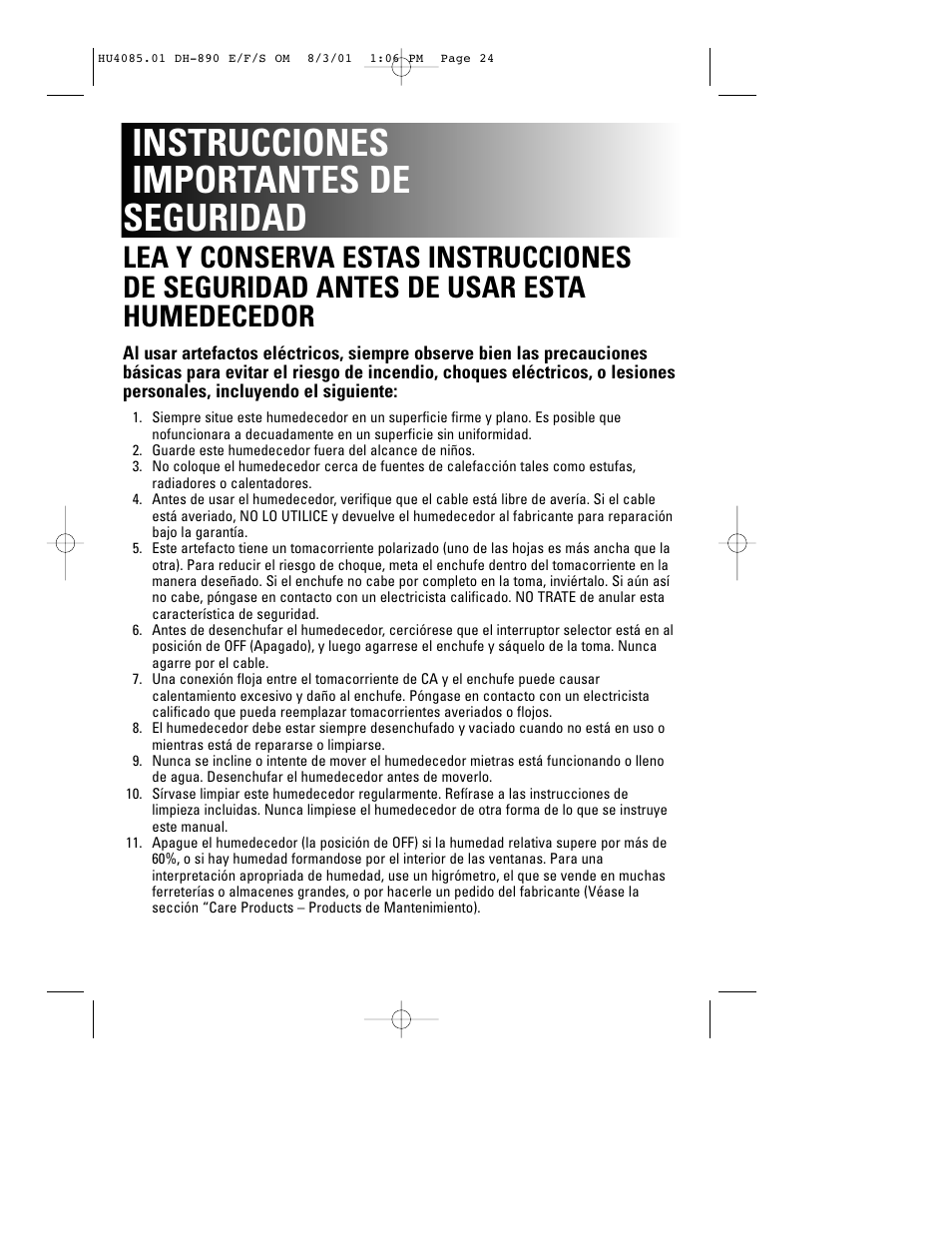 Instrucciones importantes de seguridad | Duracraft DH-890 User Manual | Page 27 / 36