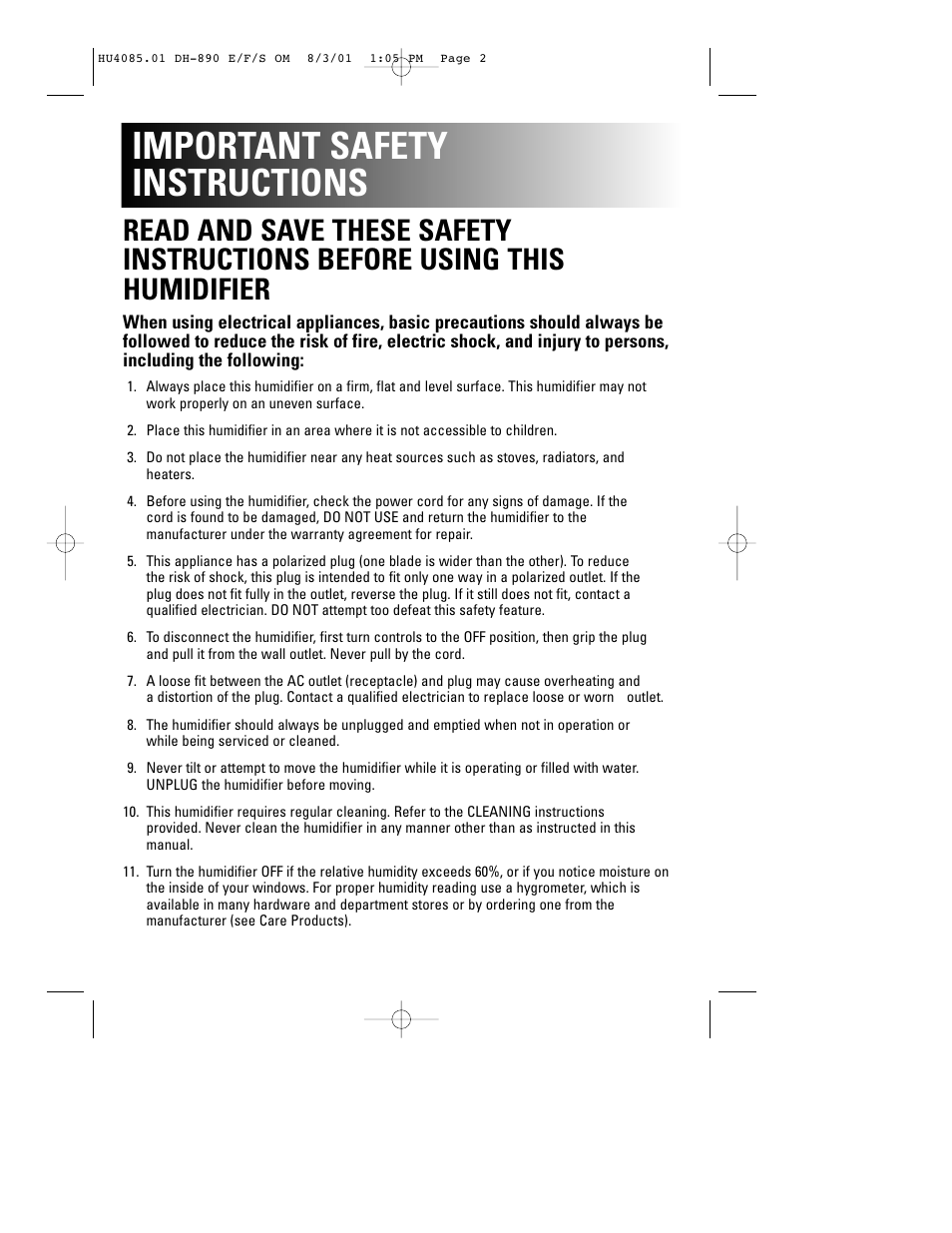 Important safety instructions | Duracraft DH-890 User Manual | Page 3 / 36