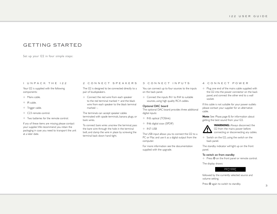 Getting started | Primare I22 integrated amplifier User Manual | Page 3 / 10