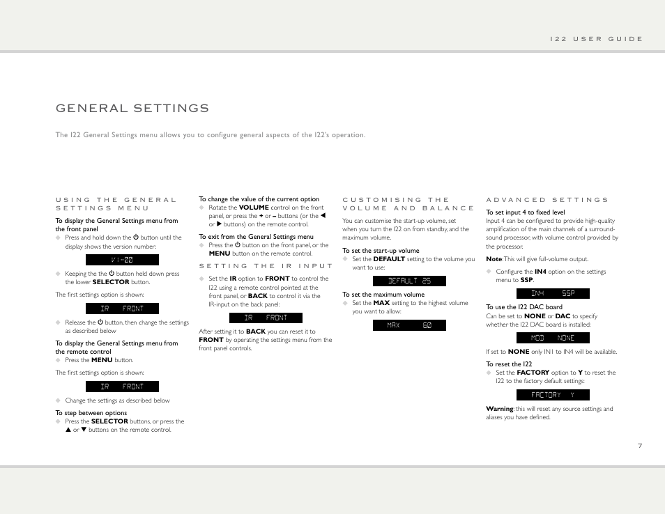 General settings | Primare I22 integrated amplifier User Manual | Page 7 / 10