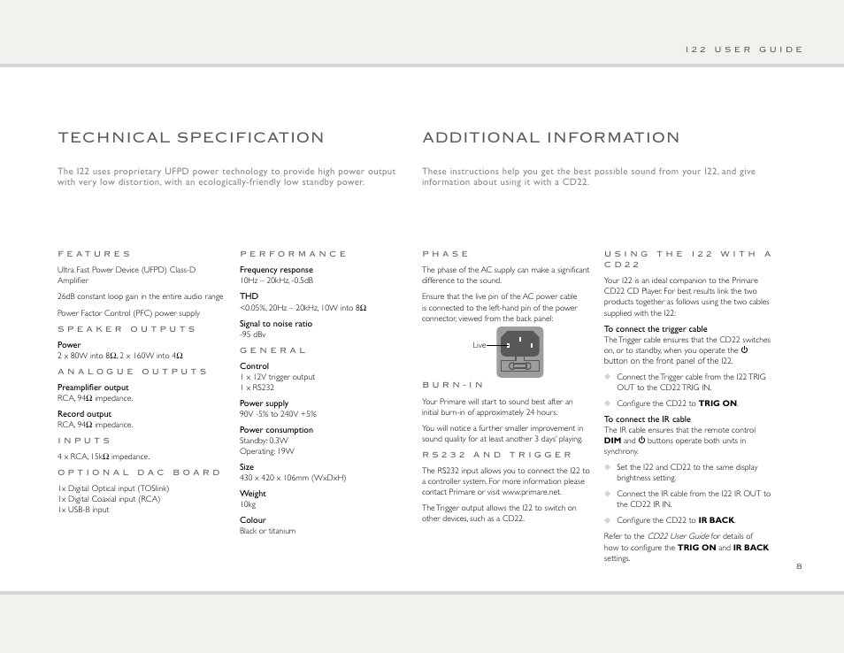 Technical specification, Additional information | Primare I22 integrated amplifier User Manual | Page 8 / 10
