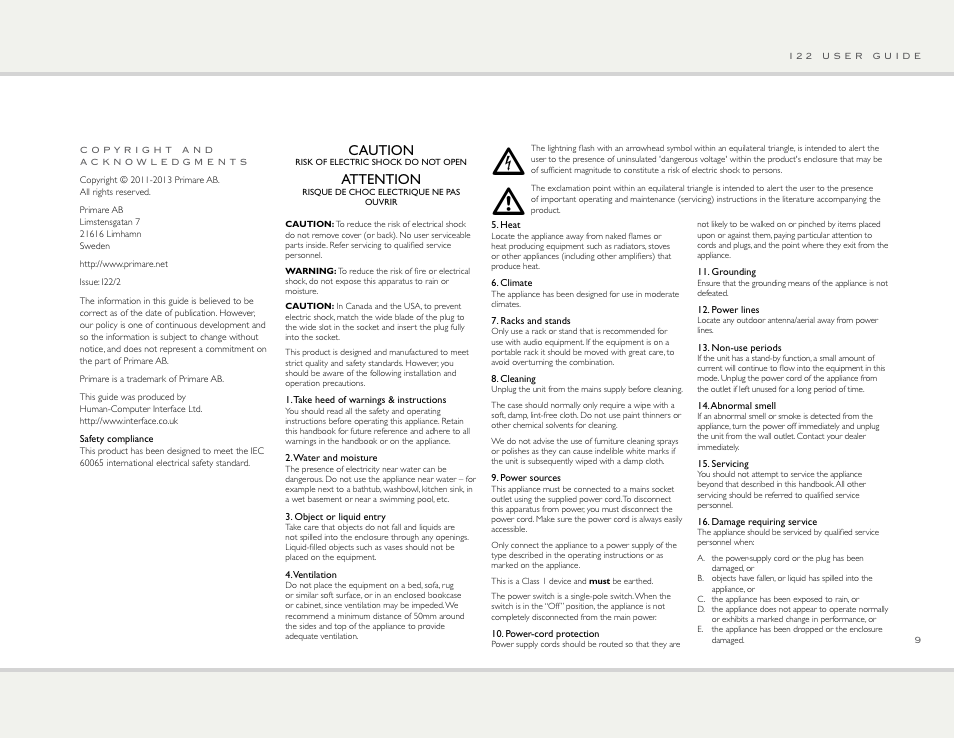 Caution, Attention | Primare I22 integrated amplifier User Manual | Page 9 / 10