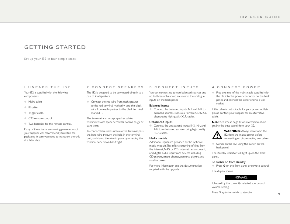 Getting started | Primare I32 integrated amplifier User Manual | Page 3 / 10