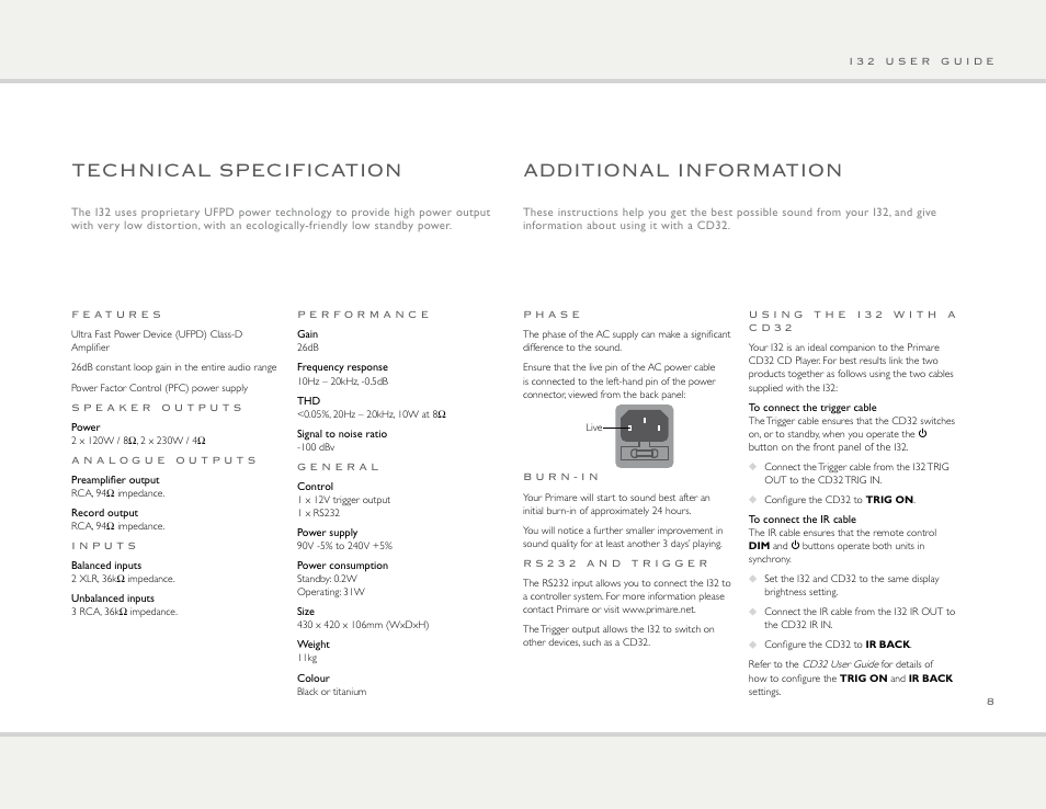 Technical specification, Additional information | Primare I32 integrated amplifier User Manual | Page 8 / 10