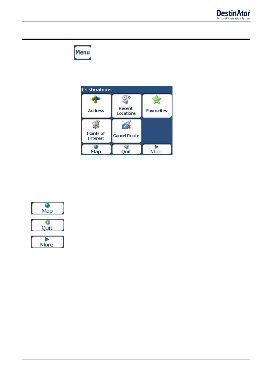 Menus, Destinations menu | Destinator 6 User Manual | Page 10 / 45