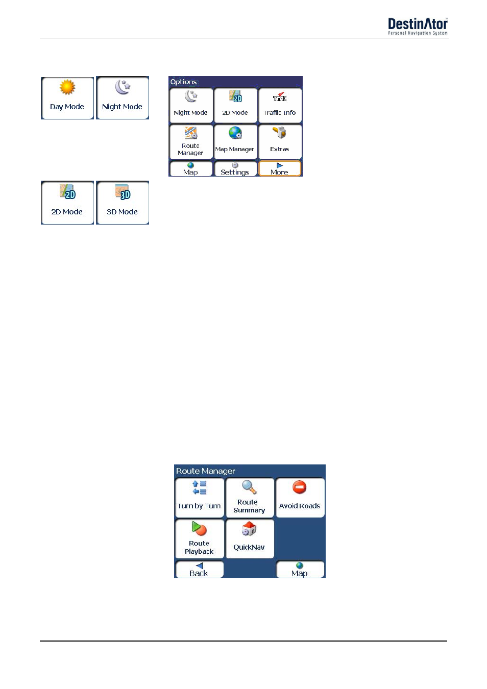 Options menu, Route manager menu | Destinator 6 User Manual | Page 11 / 45