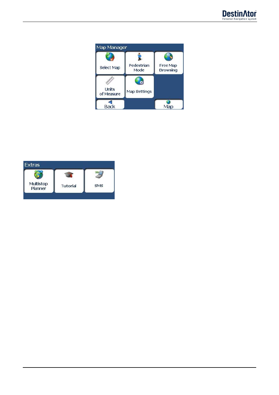 Map manager menu, Extras | Destinator 6 User Manual | Page 12 / 45