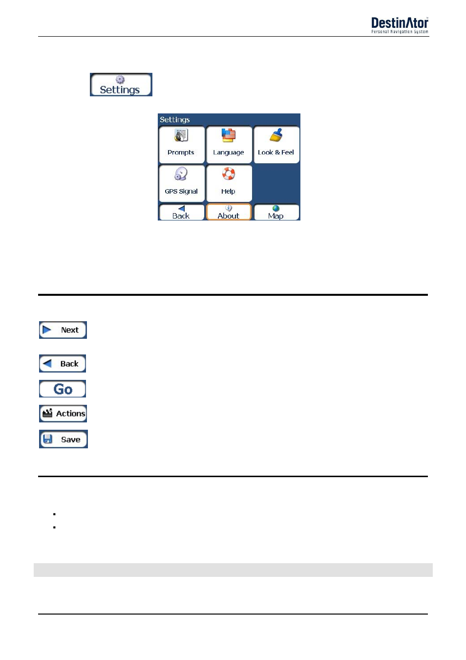 Settings menu, Screen buttons, Cycling through screens | Destinator 6 User Manual | Page 13 / 45