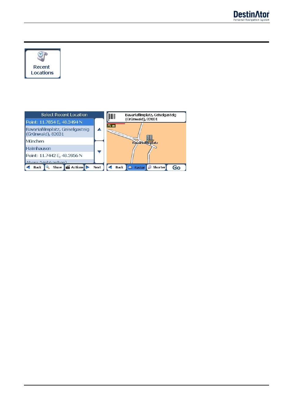 Recent locations, Set as origin, Delete item | Clear list, Send sms, Information | Destinator 6 User Manual | Page 17 / 45