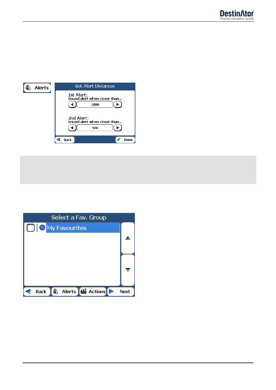 Favorite alerts, Add favorite locations, Delete group | Destinator 6 User Manual | Page 19 / 45