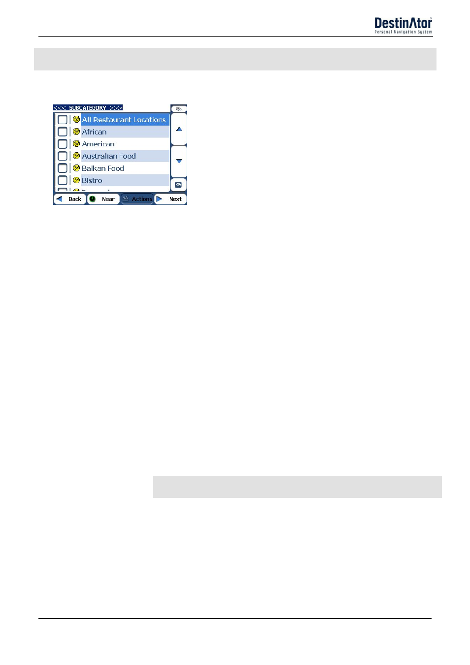 Subcategories, Search near a location, Show or hide symbol on map | Poi actions, Current location, Destination, Other address, Search radius, Set as origin | Destinator 6 User Manual | Page 21 / 45