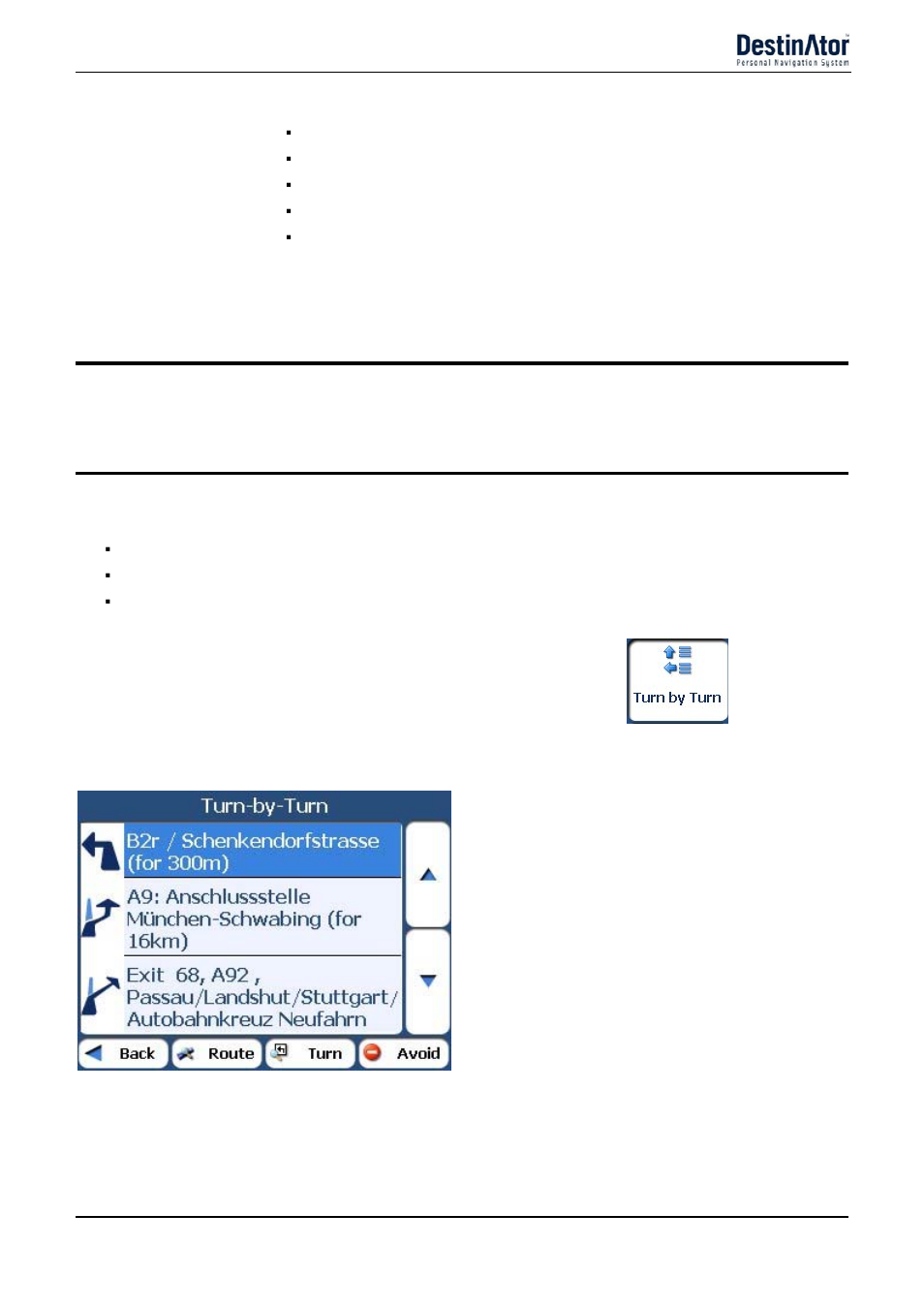 Route manager, Turn-by-turn list, Traffic alert categories | Tmc distance | Destinator 6 User Manual | Page 25 / 45