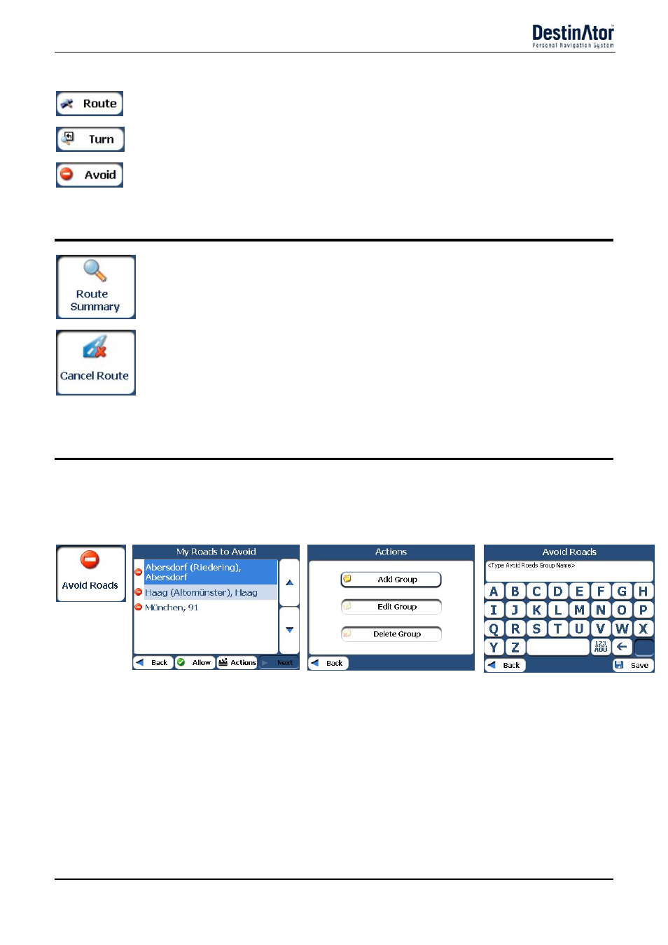 Route summary or cancel route, Avoid roads, Avoid road groups | Add group | Destinator 6 User Manual | Page 26 / 45