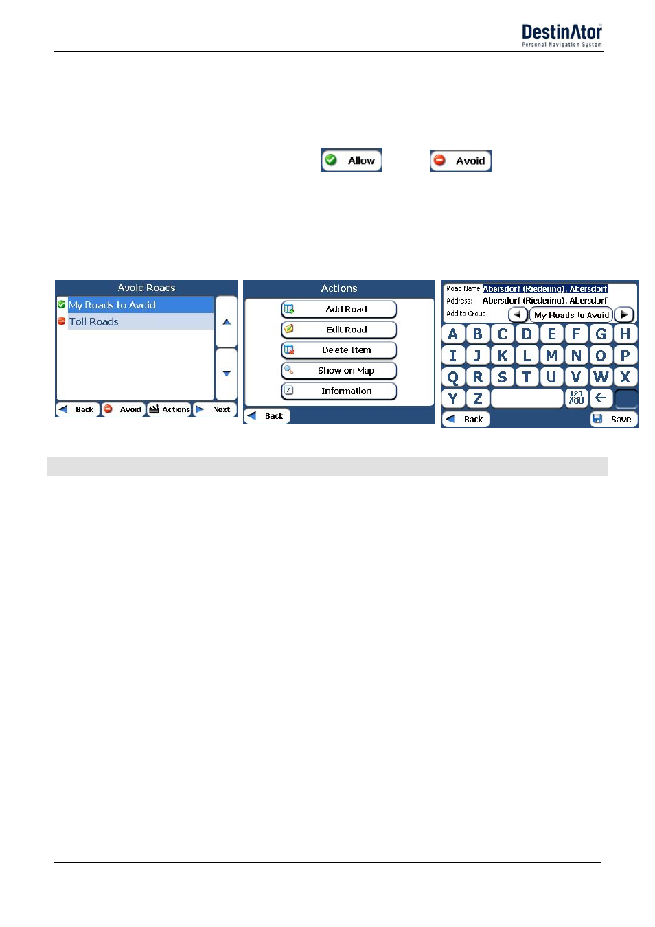 Avoid road locations, Edit group, Delete group | Add road, Edit road, Delete road, Show on map, Information | Destinator 6 User Manual | Page 27 / 45