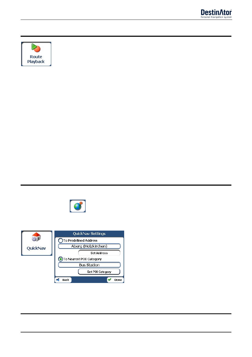 Route playback, Route playback actions, Quick navigation | Map manager, Delete recording, Clear all recordings, Playback speed | Destinator 6 User Manual | Page 28 / 45