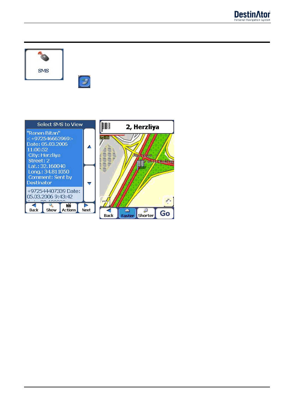 Navigating to an sms address, Sms address actions, Sending an sms address | Set as origin, Delete message, Clear list, Add to my favorites | Destinator 6 User Manual | Page 33 / 45