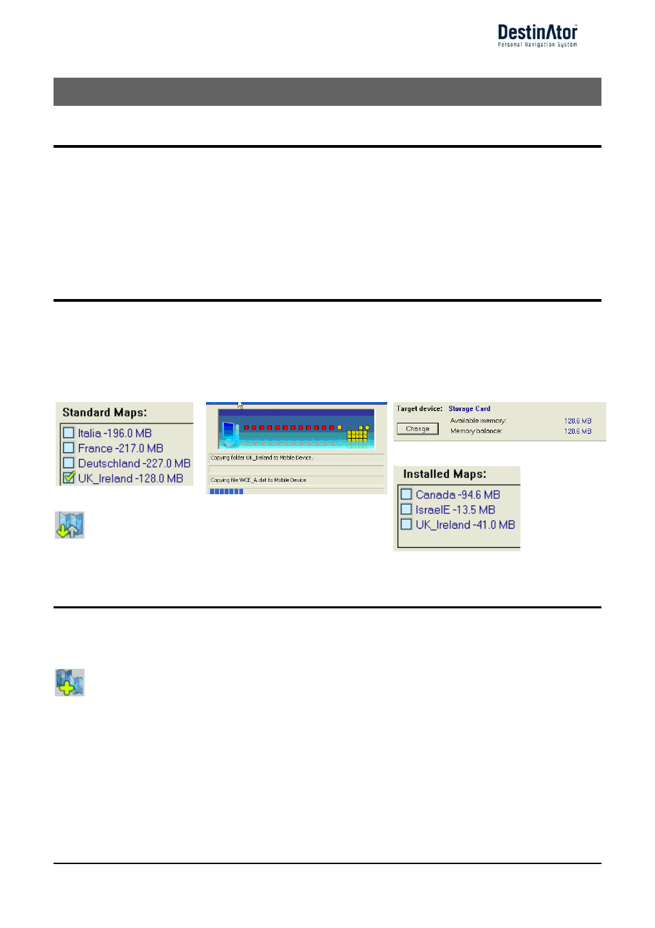 6 - maps, Map screen interface, Installing a map | Map cutter screen interface, Maps, Standard maps, My maps, Installed maps | Destinator 6 User Manual | Page 42 / 45