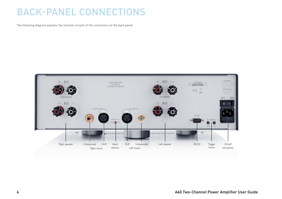 Back-panel connections, A60 two-channel power amplifier user guide 6 | Primare A60 power amplifier User Manual | Page 6 / 12