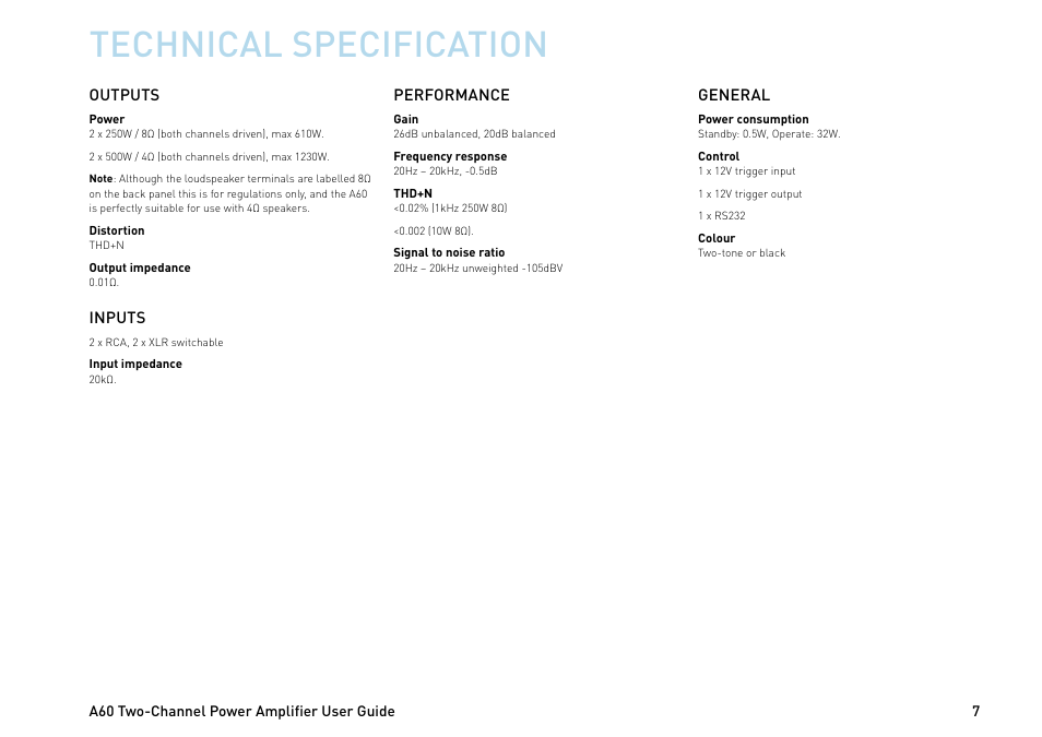 Technical specification | Primare A60 power amplifier User Manual | Page 7 / 12