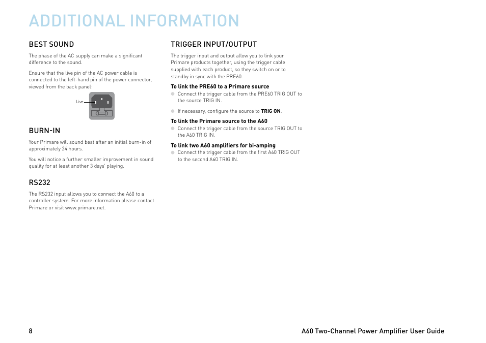 Additional information | Primare A60 power amplifier User Manual | Page 8 / 12