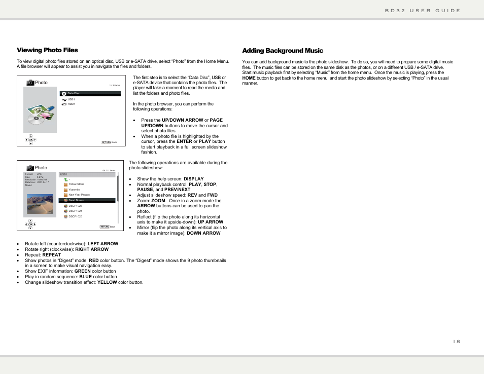 Viewing photo files, Adding background music | Primare BD32 universal player User Manual | Page 24 / 44