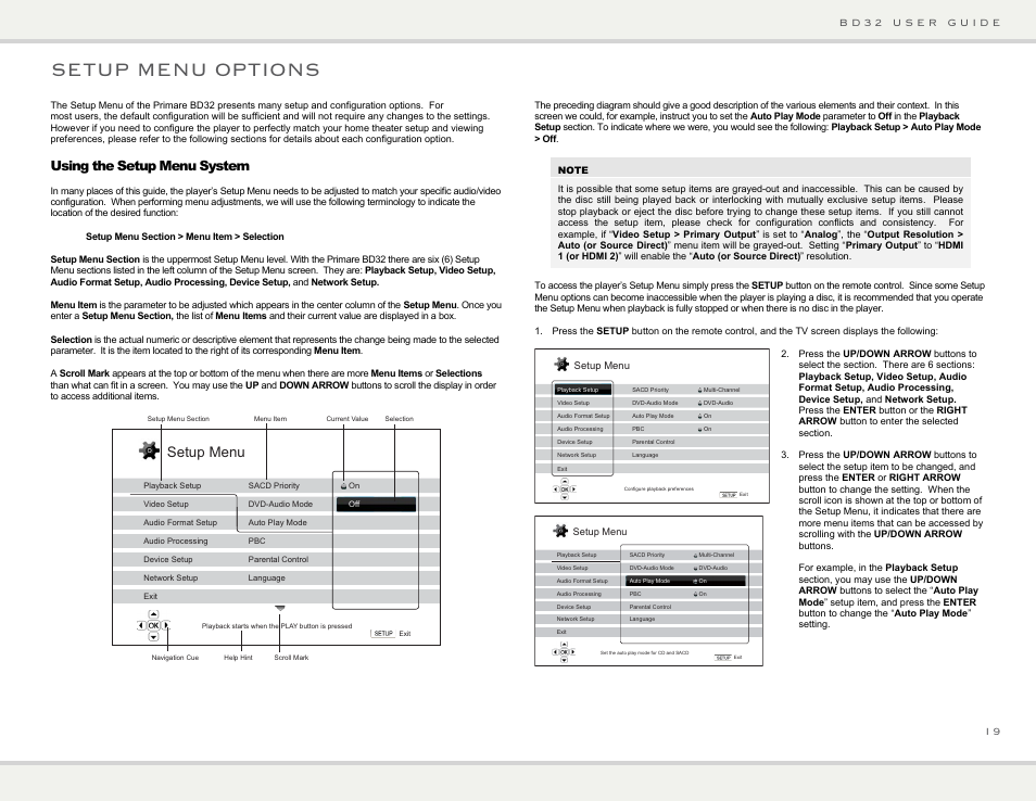 Setup menu options, Setup menu, Using the setup menu system | Primare BD32 universal player User Manual | Page 25 / 44