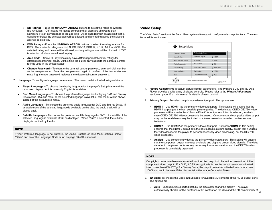 Video setup | Primare BD32 universal player User Manual | Page 27 / 44