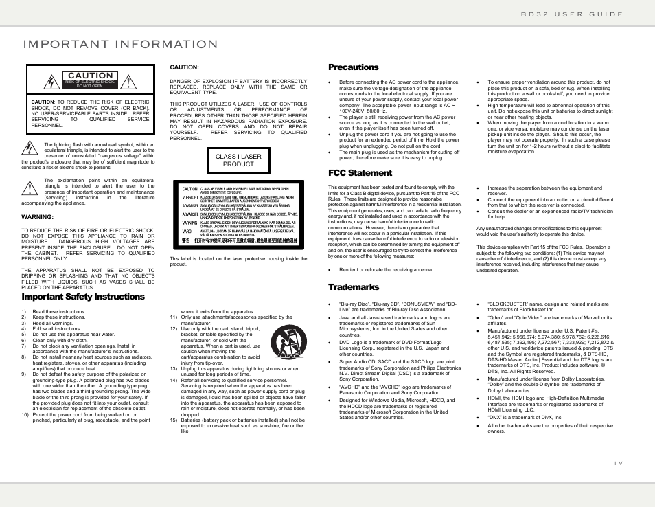 Important information, Important safety instructions, Precautions | Fcc statement, Trademarks, Caution | Primare BD32 universal player User Manual | Page 4 / 44