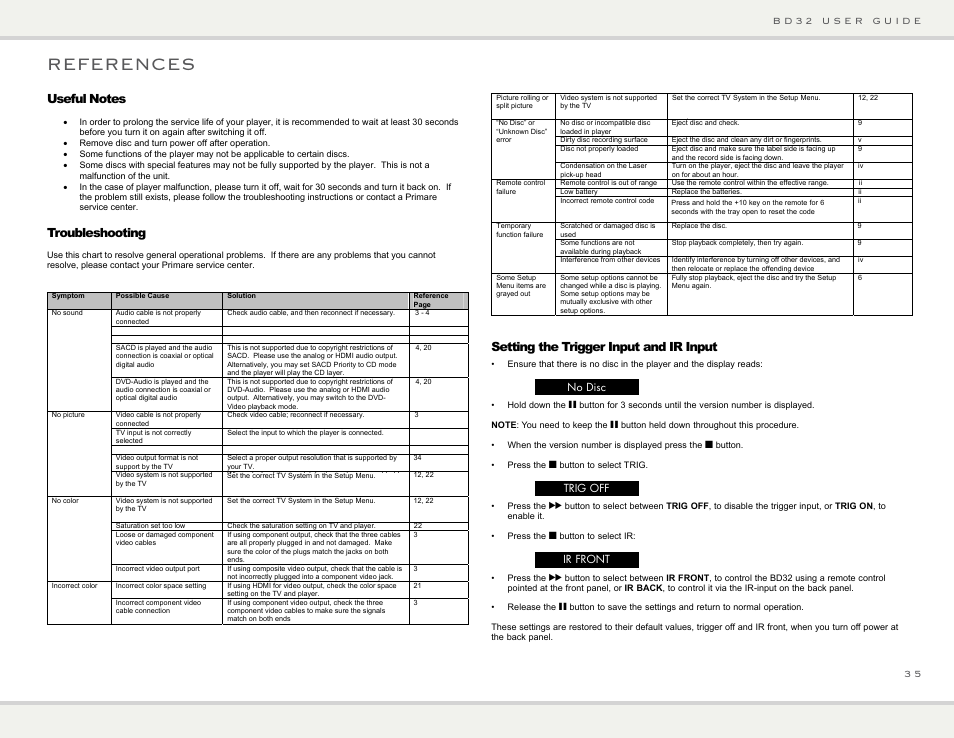 References, Troubleshooting, Setting the trigger input and ir input | Primare BD32 universal player User Manual | Page 41 / 44