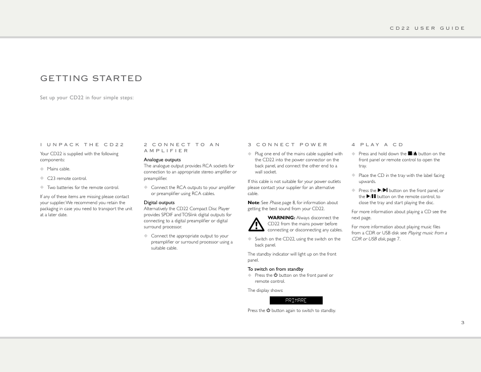 Getting started | Primare CD22 CD player User Manual | Page 3 / 10